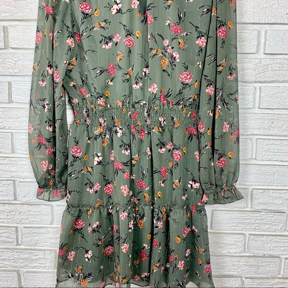 NWT Drew Floral Print High Neck Ruffle Smocked Chiffon Mini Dress Green Small - Picture 4 of 10